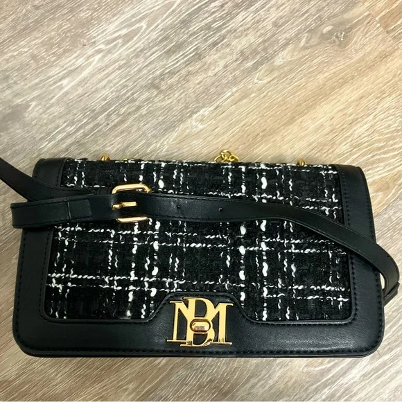 Badgley Mischka Black Quilted Bag with Tweed Accent Badgley Mischka New York Tara Tweed Barrel Bag Crossbody  main image 3